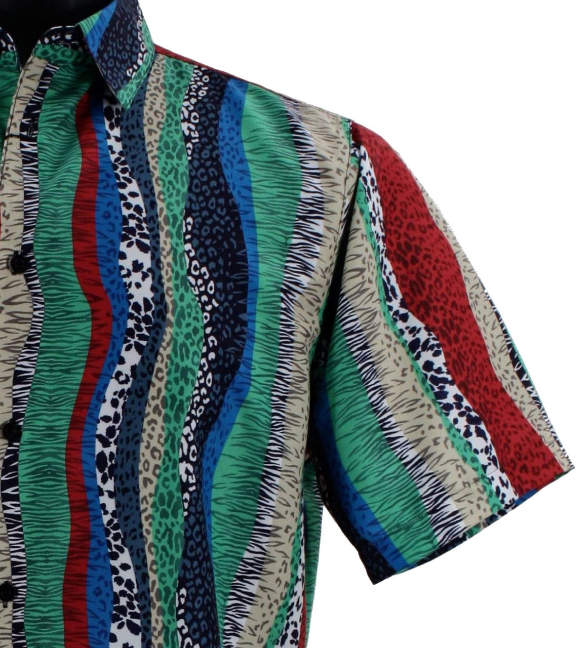 Bassiri Short Sleeve Camp Shirt - Green Fancy Streamer Design